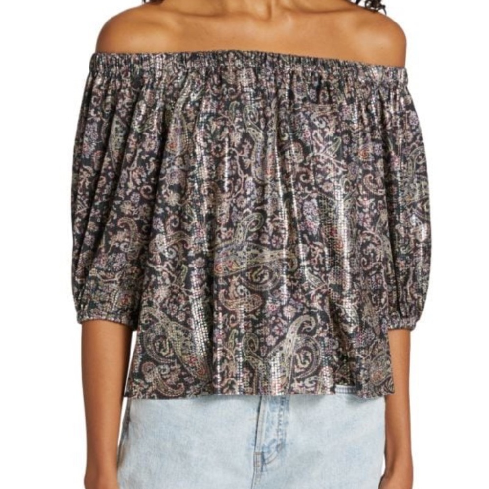 ba&sh GUSTAVE OFF THE SHOULDER CROP PAISLEY TOP